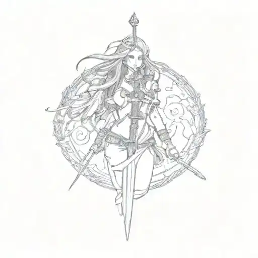 a girl with long hair and a sword tattoo design idea