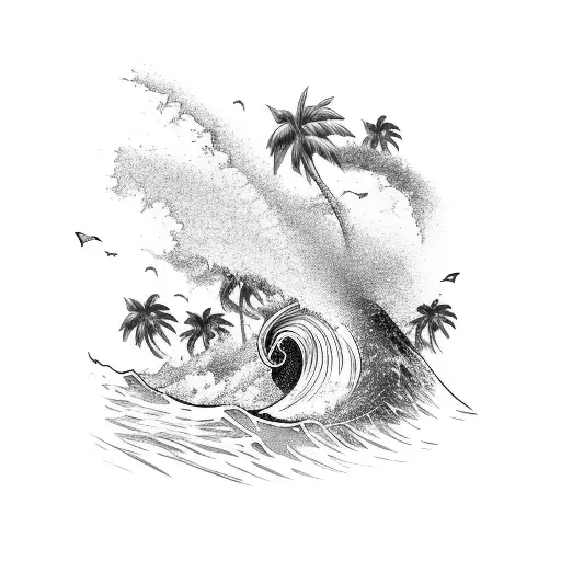 A majestic wave crashing against a palm tree-lined beach tattoo design idea