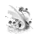 A majestic wave crashing against a palm tree-lined beach tattoo design idea
