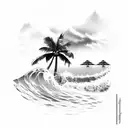 A majestic wave crashing against a palm tree-lined beach tattoo design idea