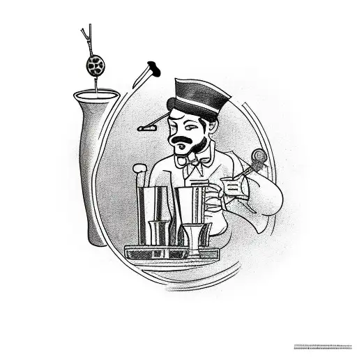 A tattoo of a bartender shaking cocktails with a background of music notes and travel landmarks tattoo design idea
