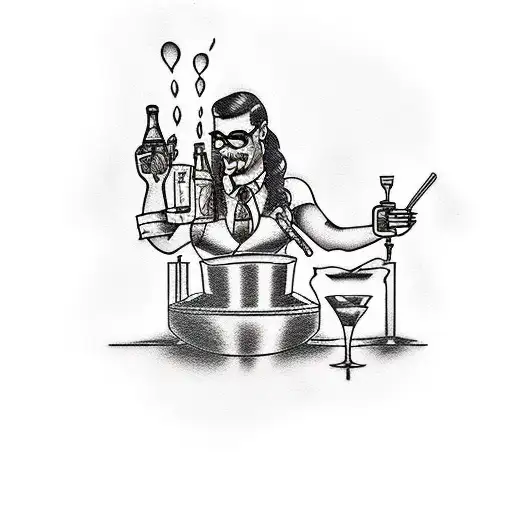 A tattoo of a bartender shaking cocktails with a background of music notes and travel landmarks tattoo design idea