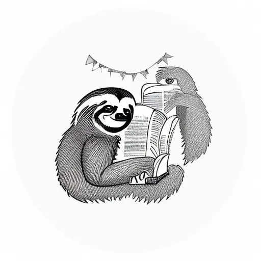 A sloth reading a book in a mountainous landscape tattoo design idea