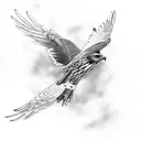 An intricate black and grey tattoo of a hawk in flight tattoo design idea
