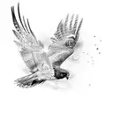 An intricate black and grey tattoo of a hawk in flight tattoo design idea