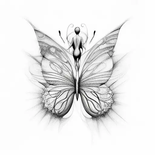 Create a surrealistic scene of pantyhose transforming into butterflies tattoo design idea
