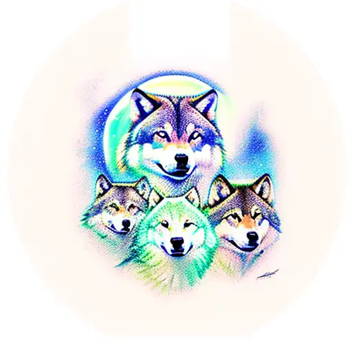three wolves together with a background of mountain and northern lights  tattoo design idea