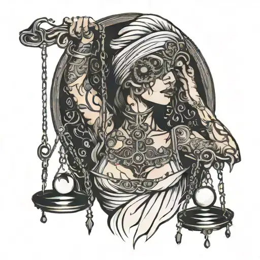blind folded women holding a scale with light and darkness  tattoo design idea