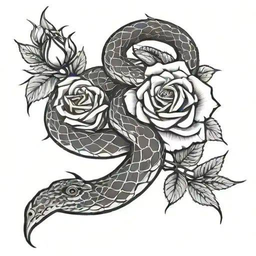 snake and roses intertwined tattoo design idea