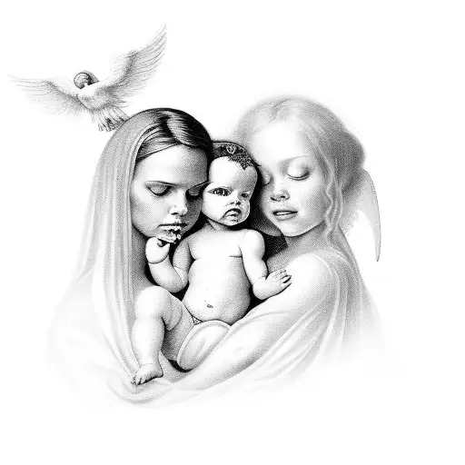 Heavenly angels surrounding a baby in a protective embrace tattoo design idea