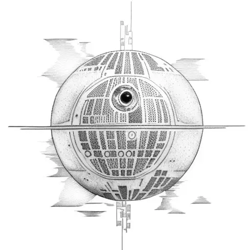 A dotwork tattoo of the Death Star with Rebel and Empire symbols incorporated into the design tattoo design idea