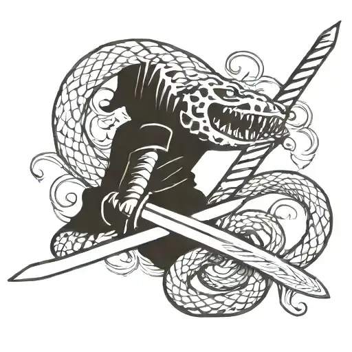 Sword passing over the rolling snake CAPTAIN on the Sword  tattoo design idea