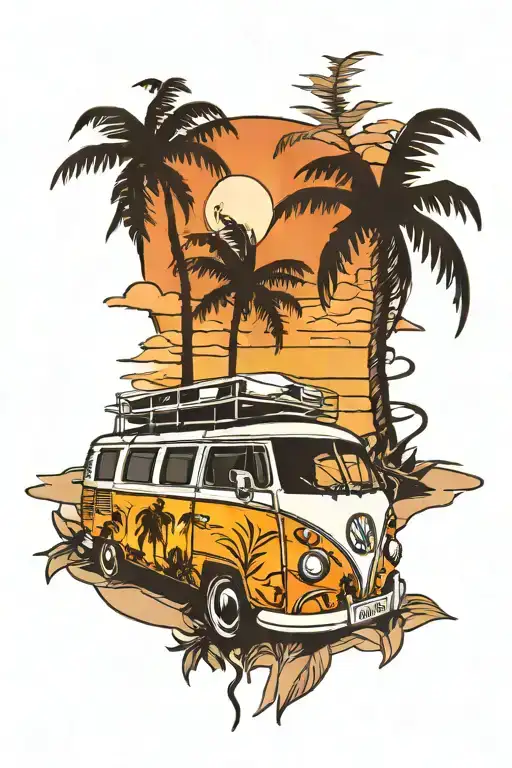palm tree camper van beach sunset  tattoo design idea