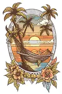 hammock palm tree river sunset sky tattoo design idea