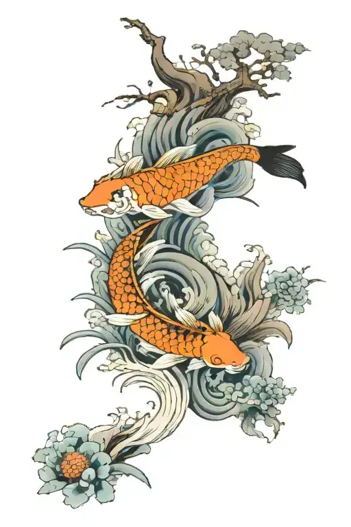 japanese sleeve with koi fish, tiger, onimusha, cranes, dragons, japanese houses  tattoo design idea