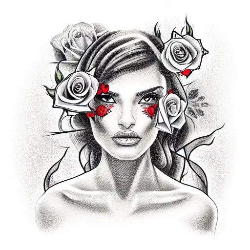 latina girl with roses and playing cards on fire with two pistols tattoo design idea