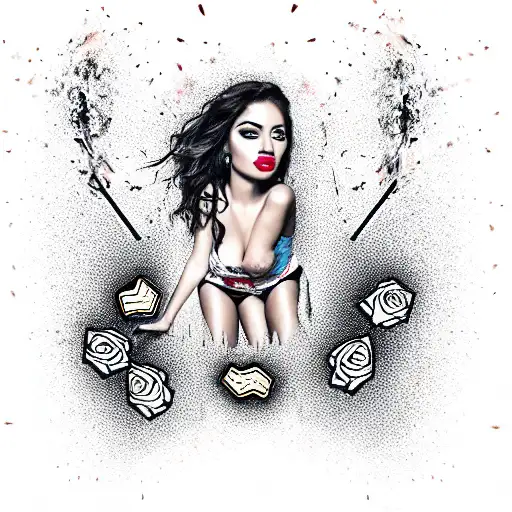 latina girl with roses and playing cards on fire with two pistols tattoo design idea