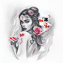latina girl with roses and playing cards on fire with two pistols tattoo design idea