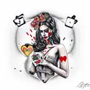 latina girl with roses and playing cards on fire with two pistols tattoo design idea