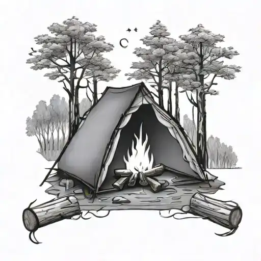 tent and campfire surrounded by trees and night sky tattoo design idea