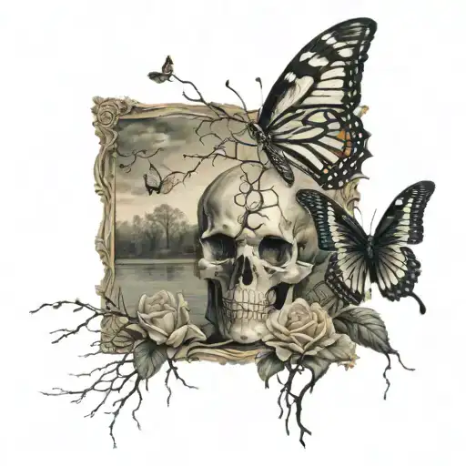 a skeleton catching a butterfly overhead on the shore of a lake with roses on the bank and spooky tree in the background tattoo design idea