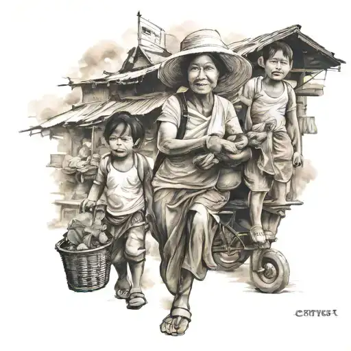 A realism style tattoo of a mother and her two children exploring a bustling market in South East Asia, capturing the client's role as a mom of 2 and her love for traveling and cultural experiences tattoo design idea