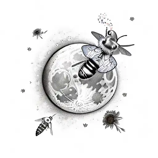 Moon with marigold, violet flower, humming bird and bee tattoo design idea
