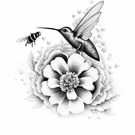 marigold, violet flower, humming bird and bee tattoo design idea