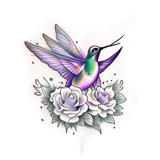 marigold, violet flower, humming bird and bee tattoo design idea