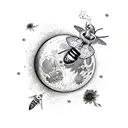 Moon with marigold, violet flower, humming bird and bee tattoo design idea