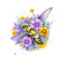 Moon with marigold, violet flower, humming bird and bee tattoo design idea