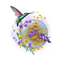 Moon with marigold, violet flower, humming bird and bee tattoo design idea