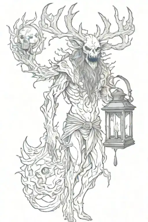 creepy wendigo holding lantern  tattoo design idea