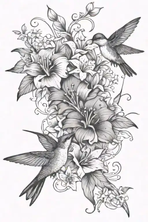 humming birds and lily's morning glories tattoo design idea