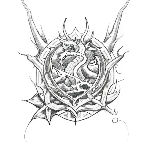 A sketch-style tattoo of a Court of Thorns and Roses emblem with dragon motifs tattoo design idea