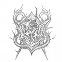 A sketch-style tattoo of a Court of Thorns and Roses emblem with dragon motifs tattoo design idea