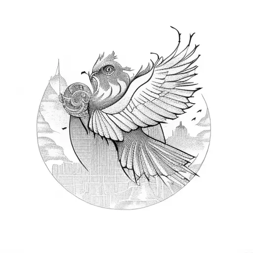 a phoenix bird over the skyline of Abidjan cote divore tattoo design idea
