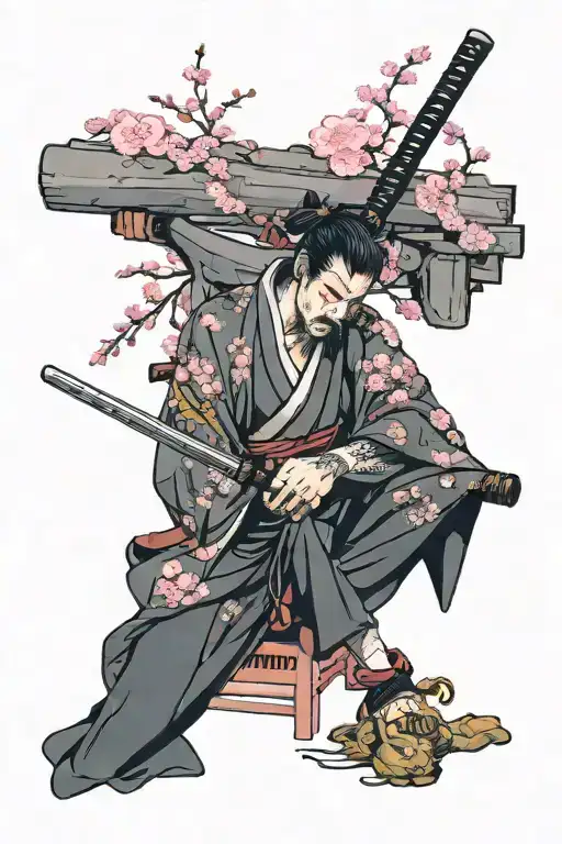 sleeping ronin with katana under a large pink cherry blossom tree tattoo design idea