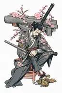 sleeping ronin with katana under a large pink cherry blossom tree tattoo design idea