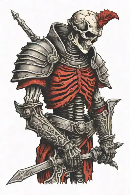 skeleton in armor with red color tattoo design idea