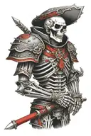skeleton in armor with red color tattoo design idea