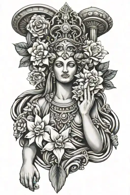 temple hera, statue hera, lys flower tattoo design idea