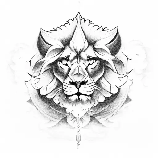 Fighting Angel and lion side to side with clouds in background and red rose at the bottom tattoo design idea