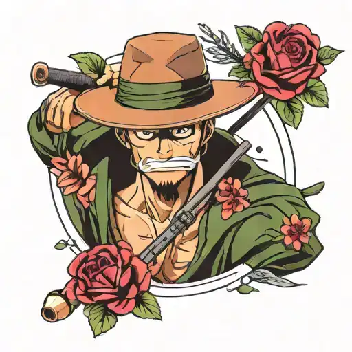 Make me a minimalist tattoo of Roronoa Zoro and his Three Swords with Monkey D Luffy's straw hat and flowers tattoo design idea