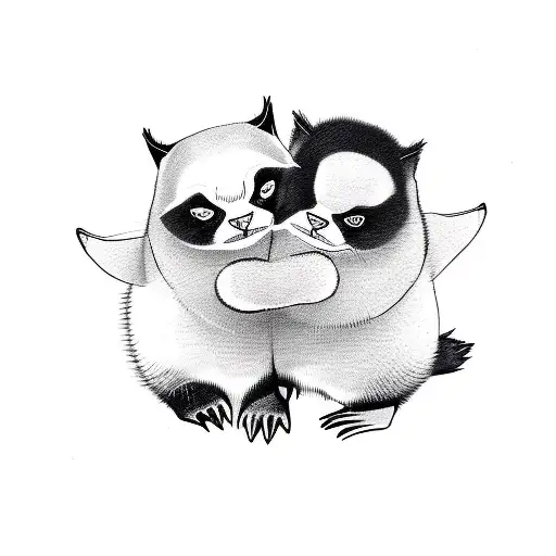 panda penguin and persian cat hugging each other happily tattoo design idea