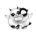 panda penguin and persian cat hugging each other happily tattoo design idea