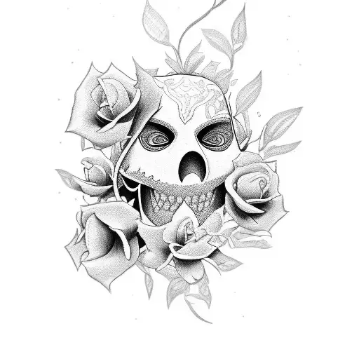 Black and white Hanya mask, American traditional , half back tattoo with two flowers on the shoulder tattoo design idea