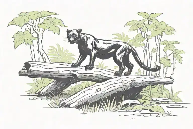 black panther walking on log in jungle, looking at you, viewed from side tattoo design idea