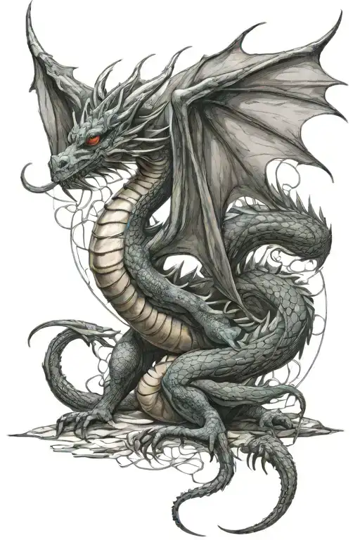western dragon wrapped around leg with its wings open tattoo design idea