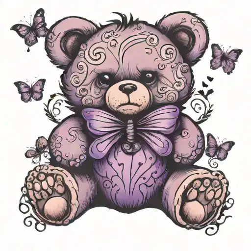teddy bear with purple butterfly tattoo design idea